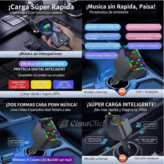 Carga 4 Dispositivos + Música Bluetooth en tu Carro — Todo en Uno, Sin Enredos