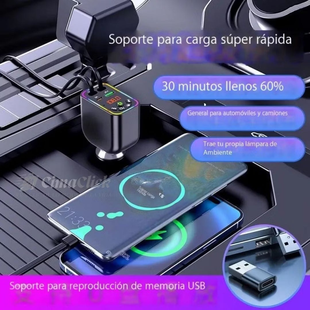 Carga 4 Dispositivos + Música Bluetooth en tu Carro — Todo en Uno, Sin Enredos