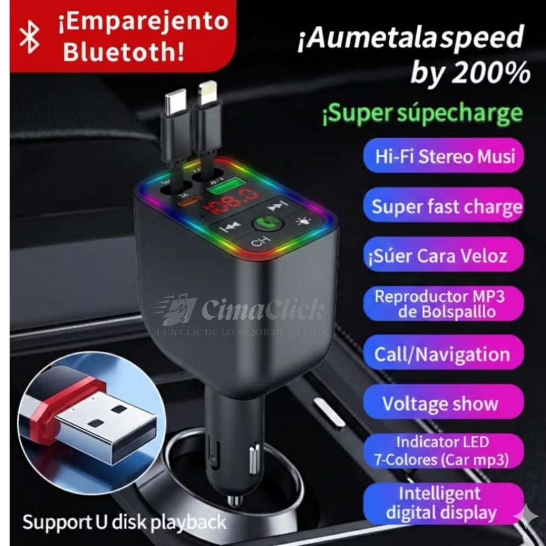 Carga 4 Dispositivos + Música Bluetooth en tu Carro — Todo en Uno, Sin Enredos