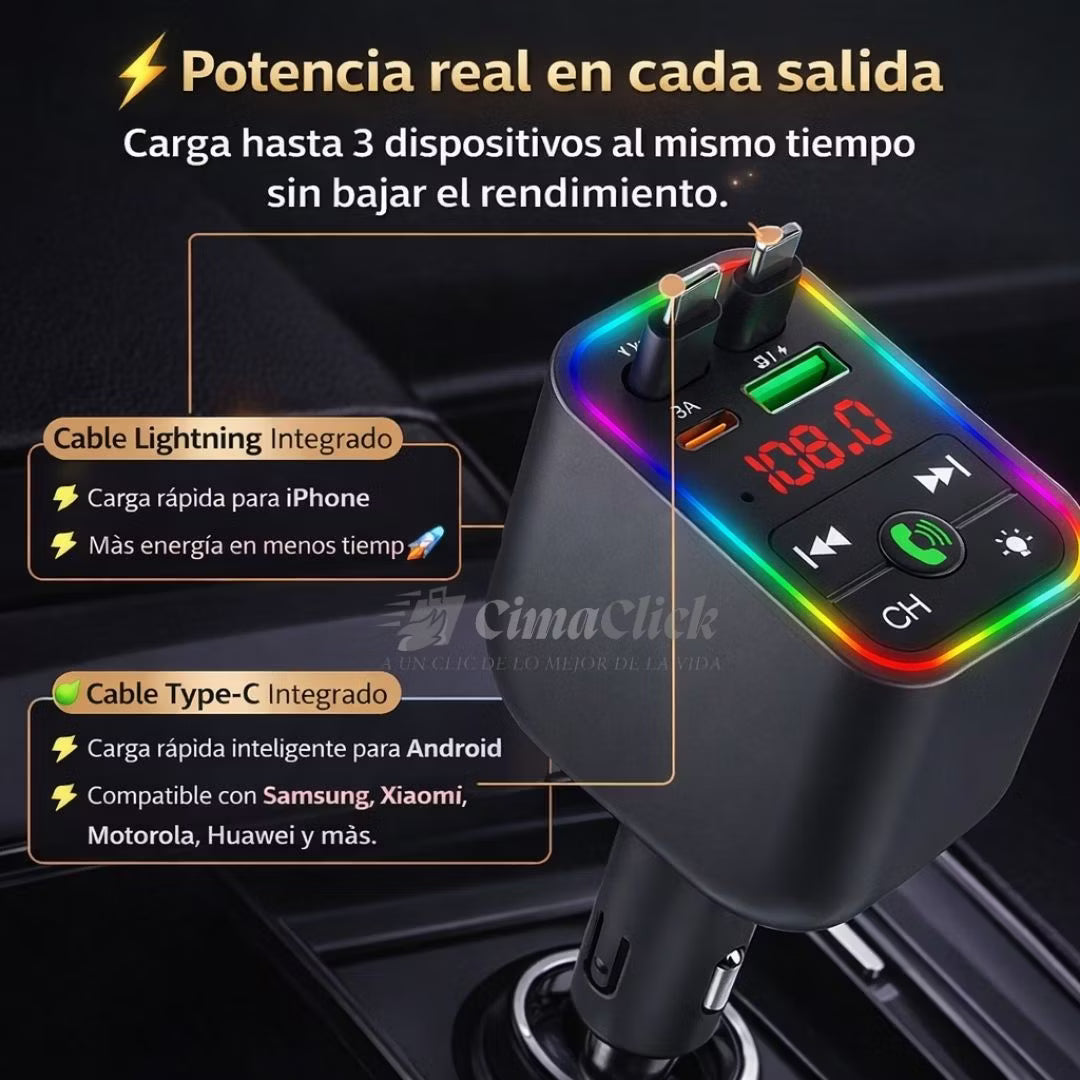 Carga 4 Dispositivos + Música Bluetooth en tu Carro — Todo en Uno, Sin Enredos
