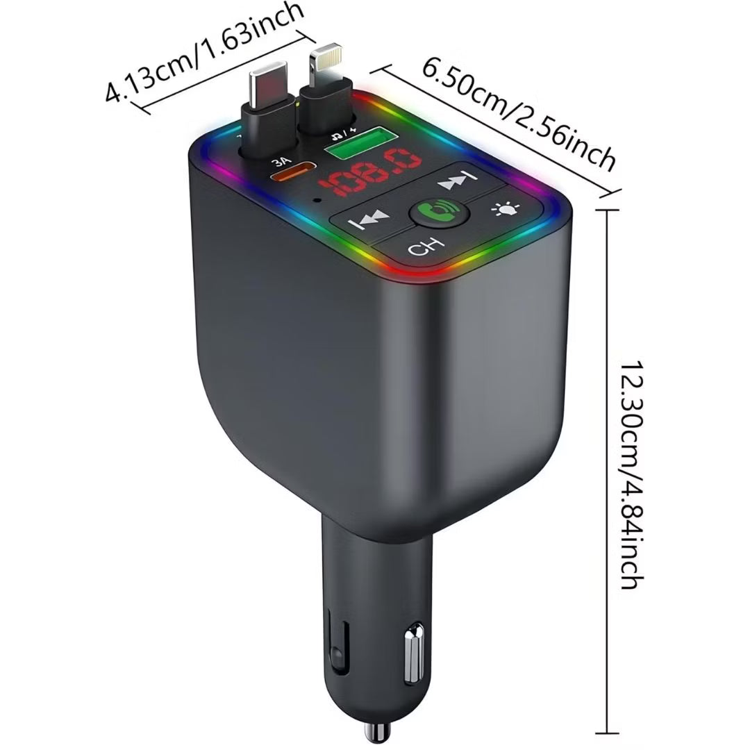 Carga 4 Dispositivos + Música Bluetooth en tu Carro — Todo en Uno, Sin Enredos