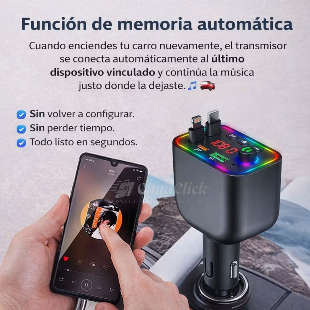 Carga 4 Dispositivos + Música Bluetooth en tu Carro — Todo en Uno, Sin Enredos