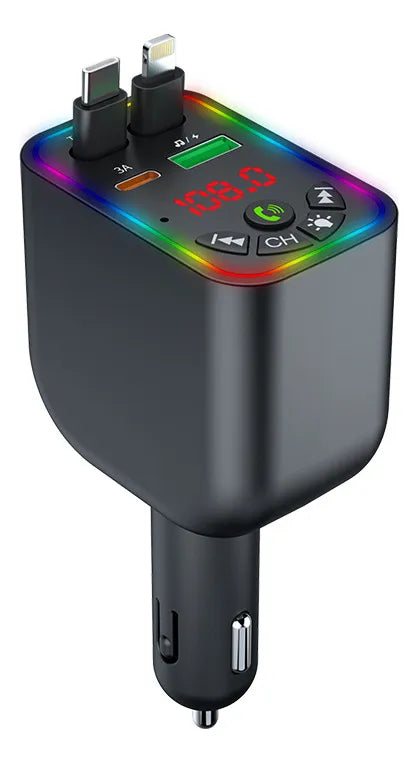 Carga 4 Dispositivos + Música Bluetooth en tu Carro — Todo en Uno, Sin Enredos