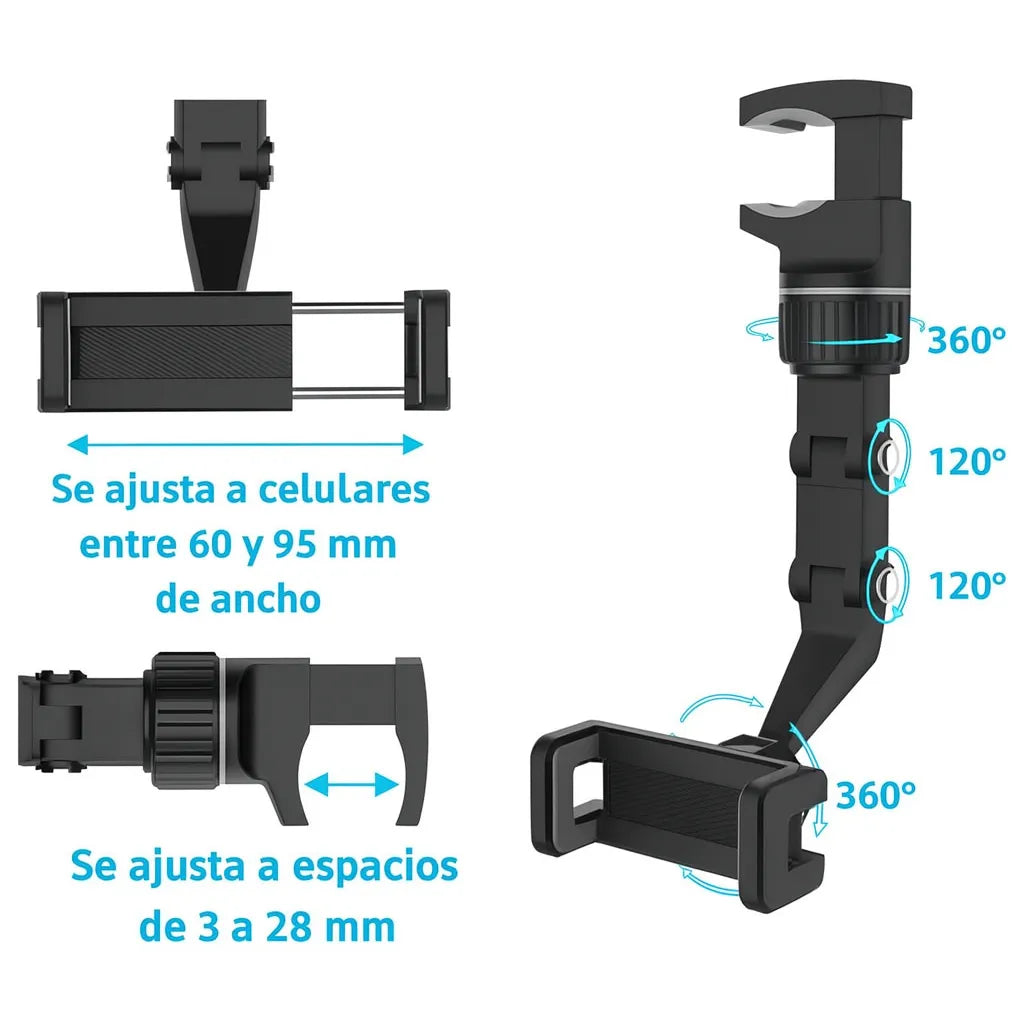 Soporte Celular 360° para Retrovisor — Seguridad Real + Uso Multifuncional