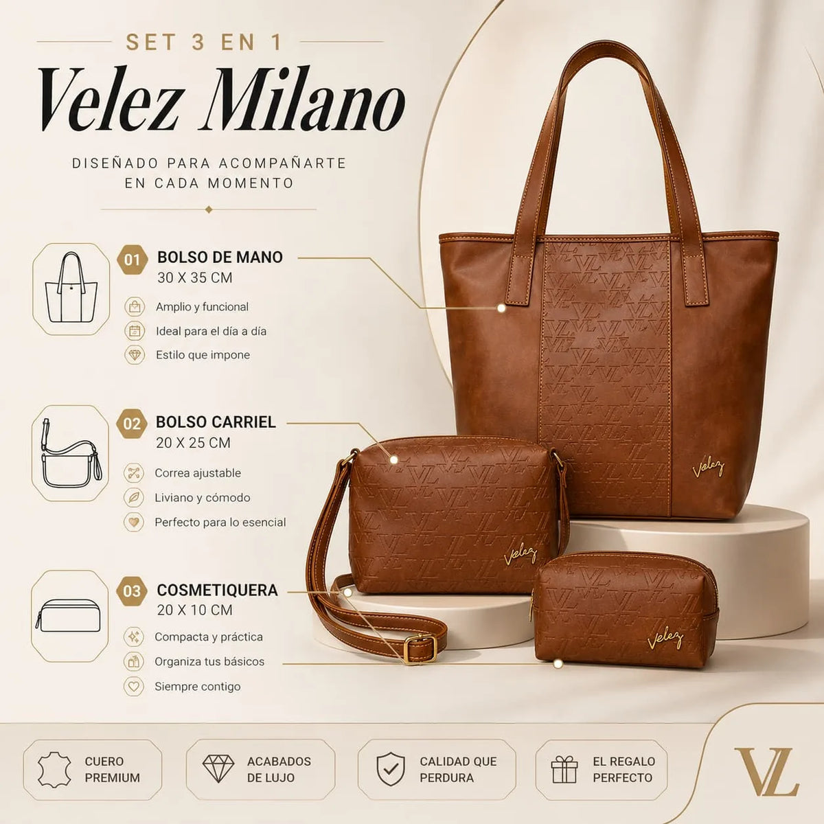 Kit de 3 Carteras de cuero Velez Milano